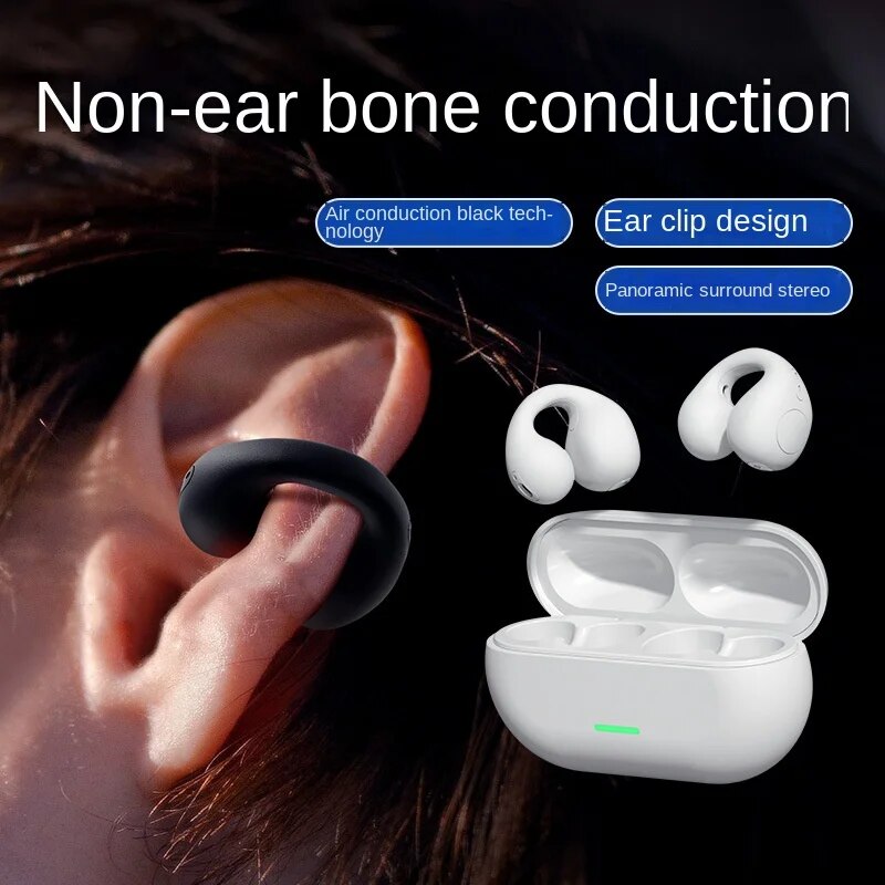 True Bone Conduction Bt Earphones Ear Clip Earring Wireless Headphones with Mic Calling Touch Control Sports Headsets